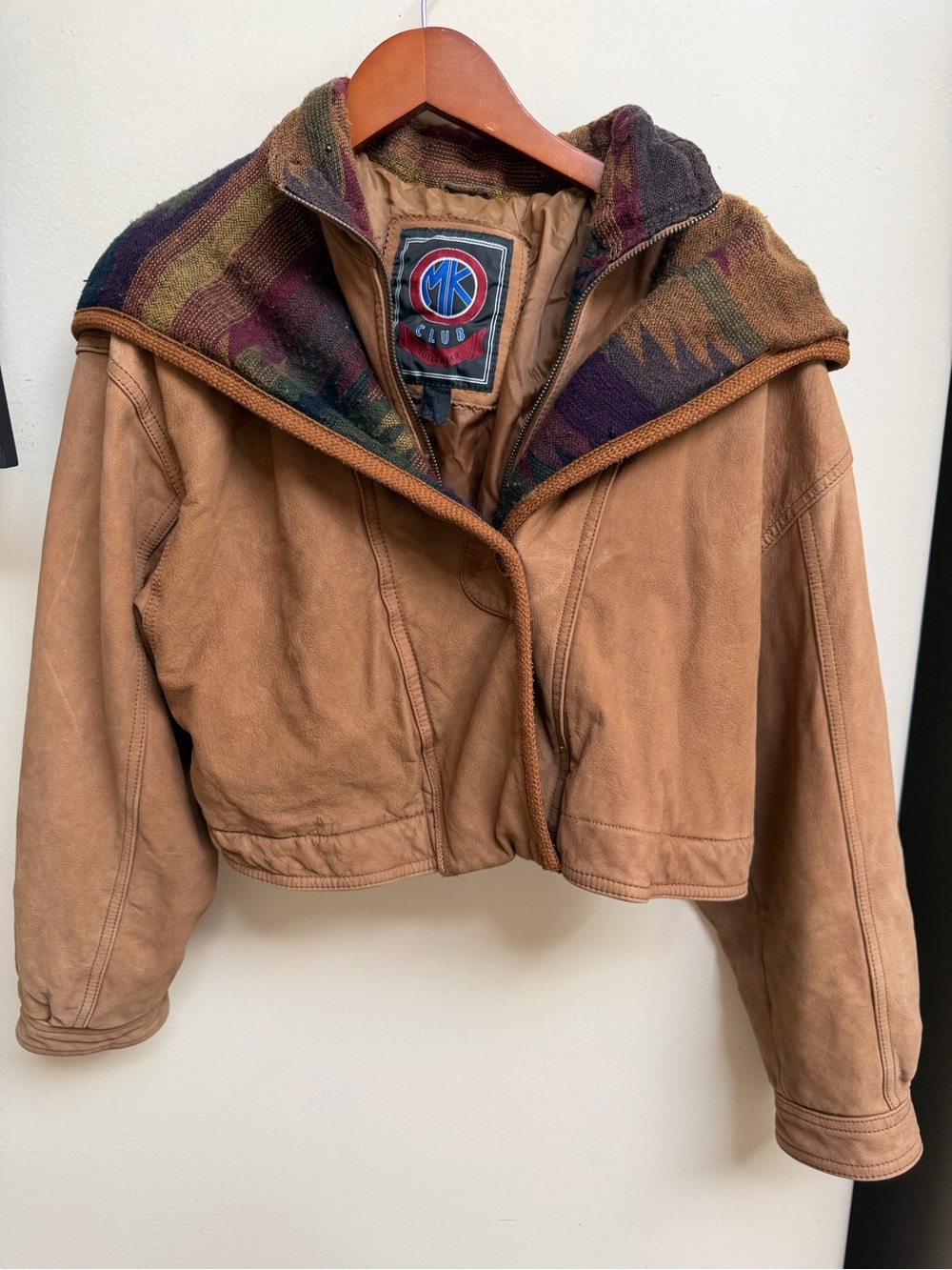 Vintage Women's Tan Suede Crop Jacket with Patterned Hood